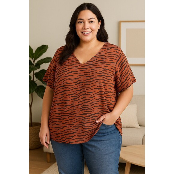 Ava & Viv 3X Plus Size Linen Blend Tiger Stripe Tunic Top Keyhole Covered Button - Picture 1 of 12